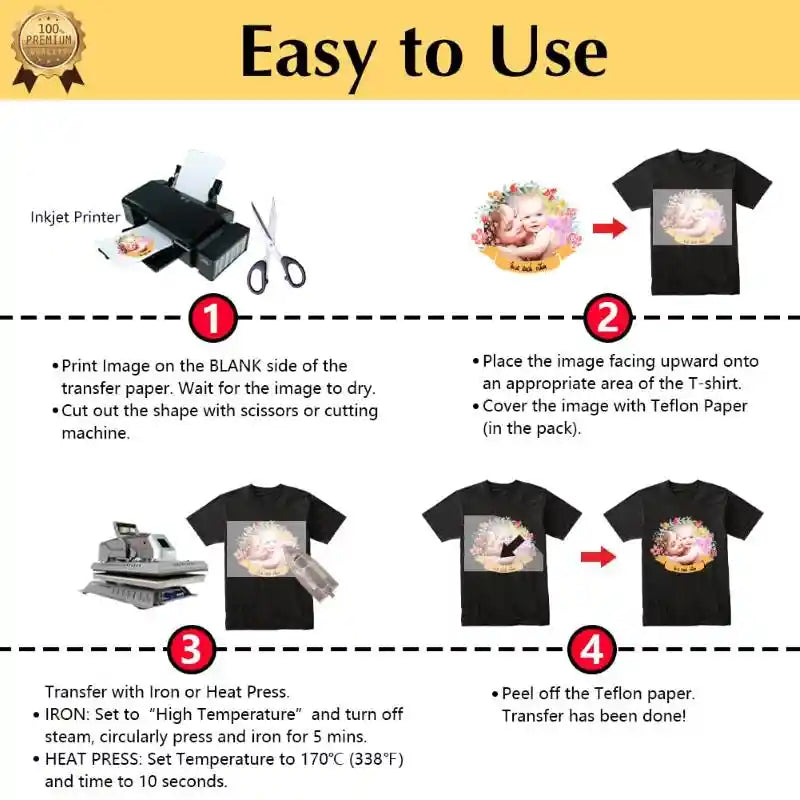 Easy-to-use Dark 1.0 fabric heat transfer paper for inkjet printers and heat presses.