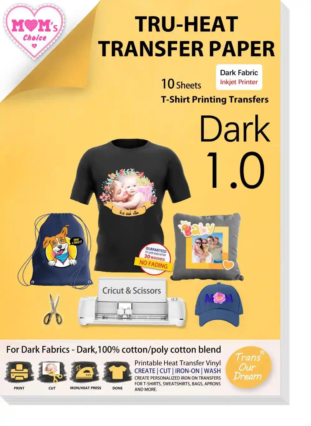Dark 1.0 fabric heat transfer paper for iron on heat presses.