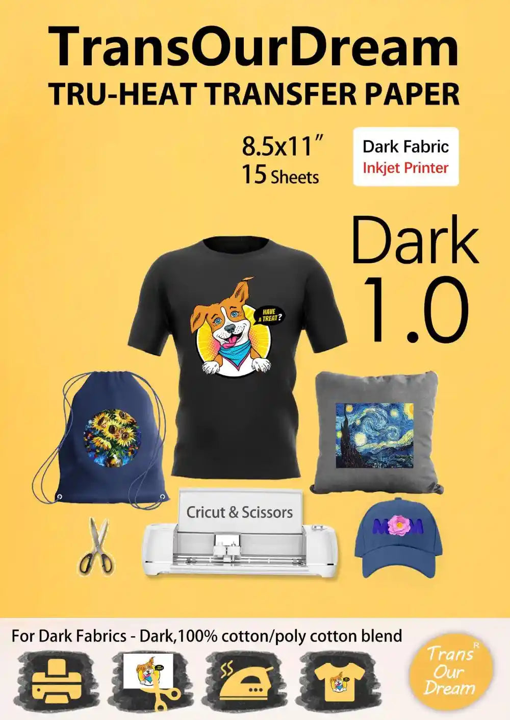 TransOurDream Dark 1.0 fabric heat transfer paper for vibrant prints on dark fabrics 15 sheets pack
