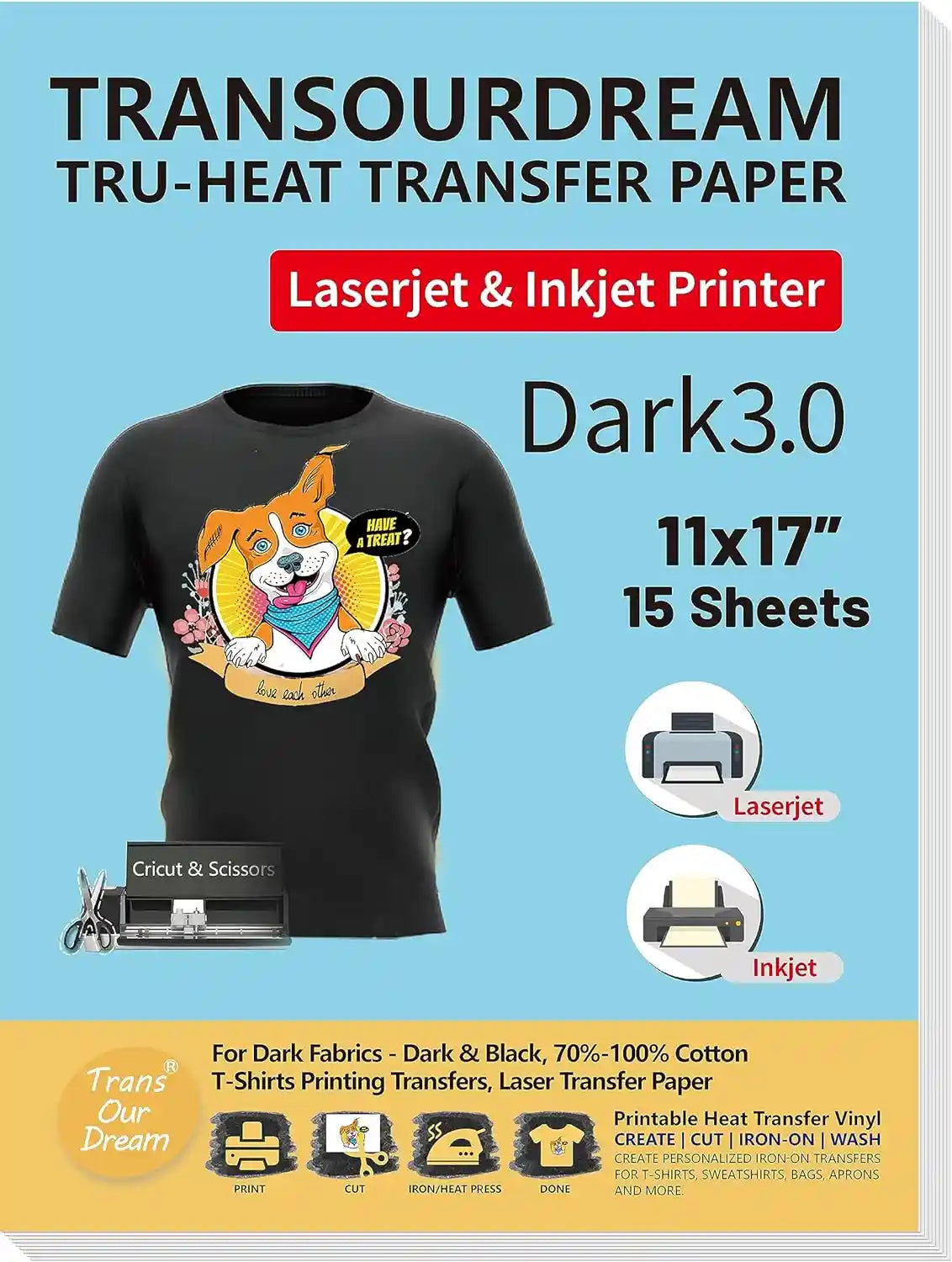 TransOurDream Dark 3.0 fabric heat transfer paper for vibrant prints on dark fabrics A3 pack