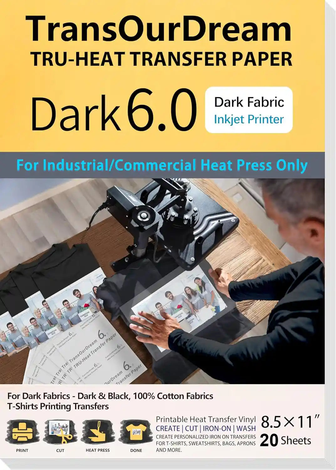 TransOurDream Dark 6.0 fabric heat transfer paper for vibrant prints on dark fabrics 20 sheets pack