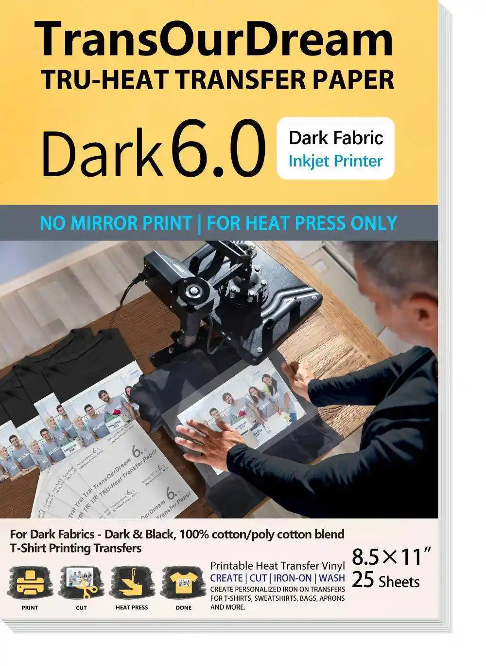 TransOurDream Dark 6.0 fabric heat transfer paper for vibrant prints on dark fabrics 25 sheets pack
