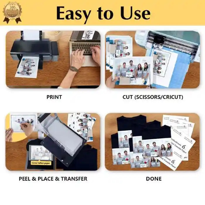 Easy-to-use Dark 6.0 fabric heat transfer paper for inkjet printers and heat presses.