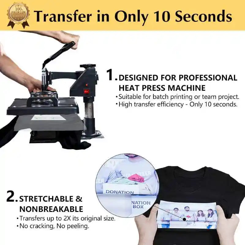 Quick 15-second transfer using Dark 6.0 fabric heat transfer paper with heat press.