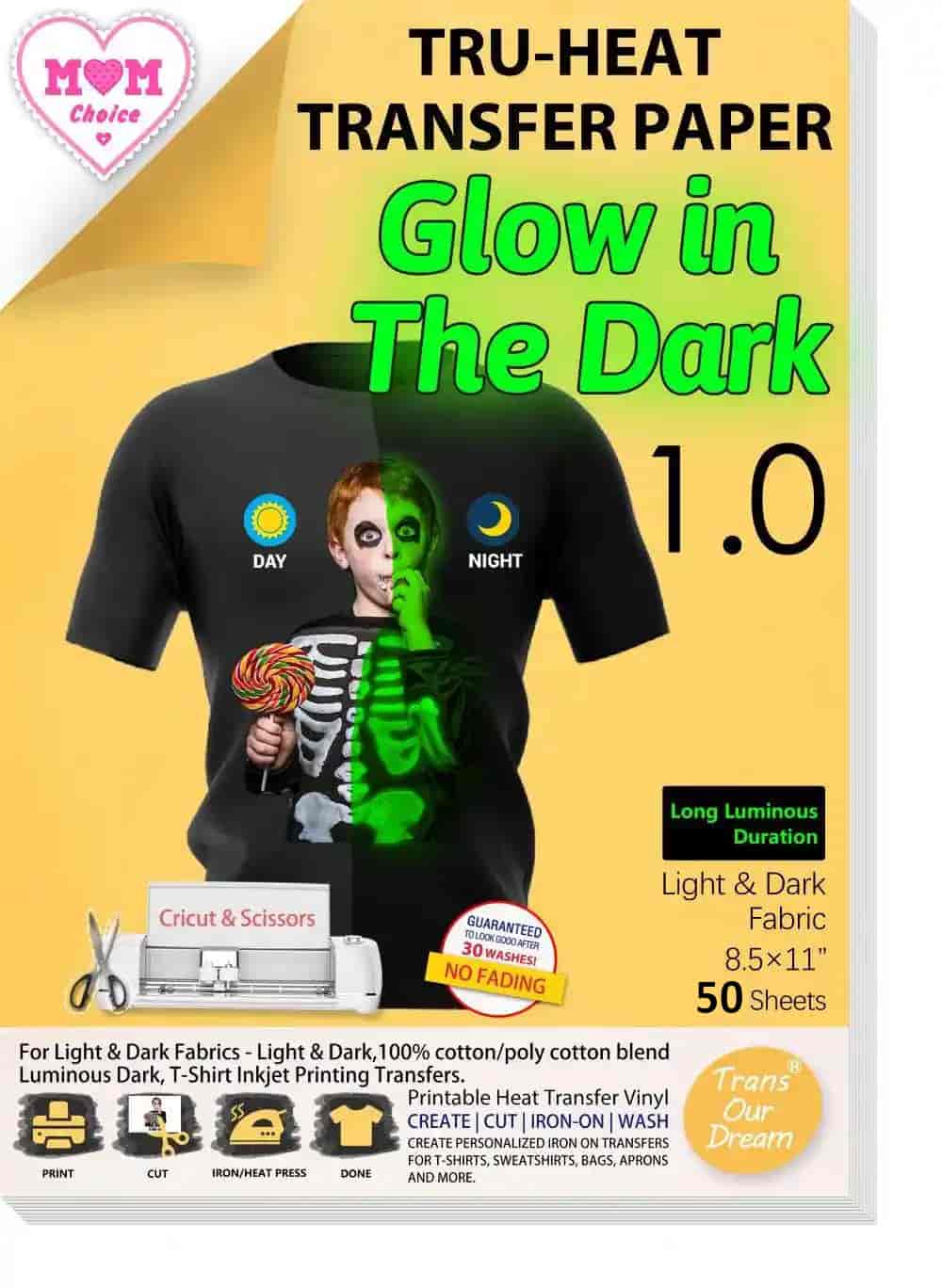 Heat Transfer Paper Green Luminous for T-Shirts & Light or Dark Fabrics | Printable Heat Transfer Paper for Inkjet Printer | Glow in The Dark 1.0