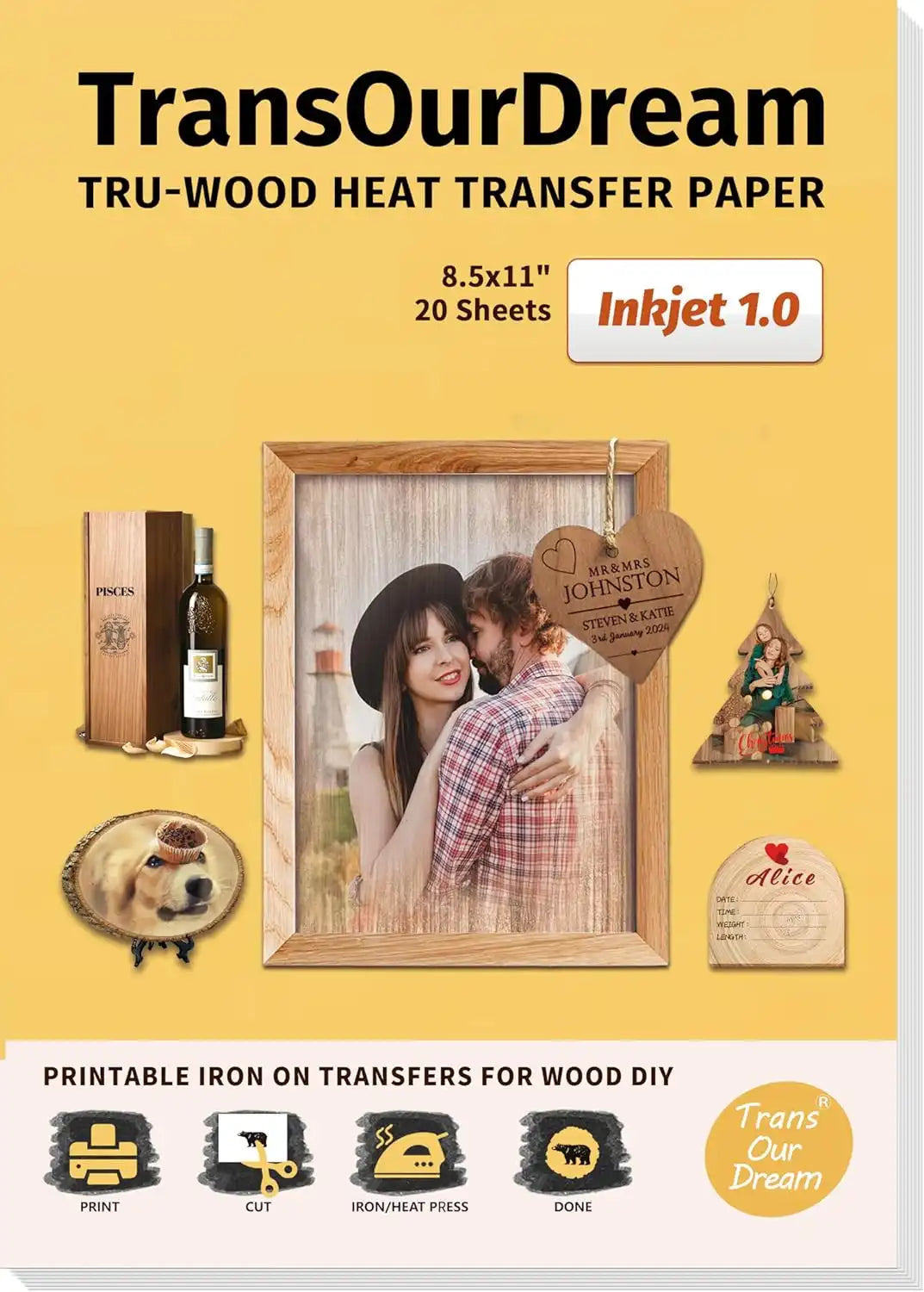 TransOurDream branding and TRU WOOD Heat Transfer Paper packaging.