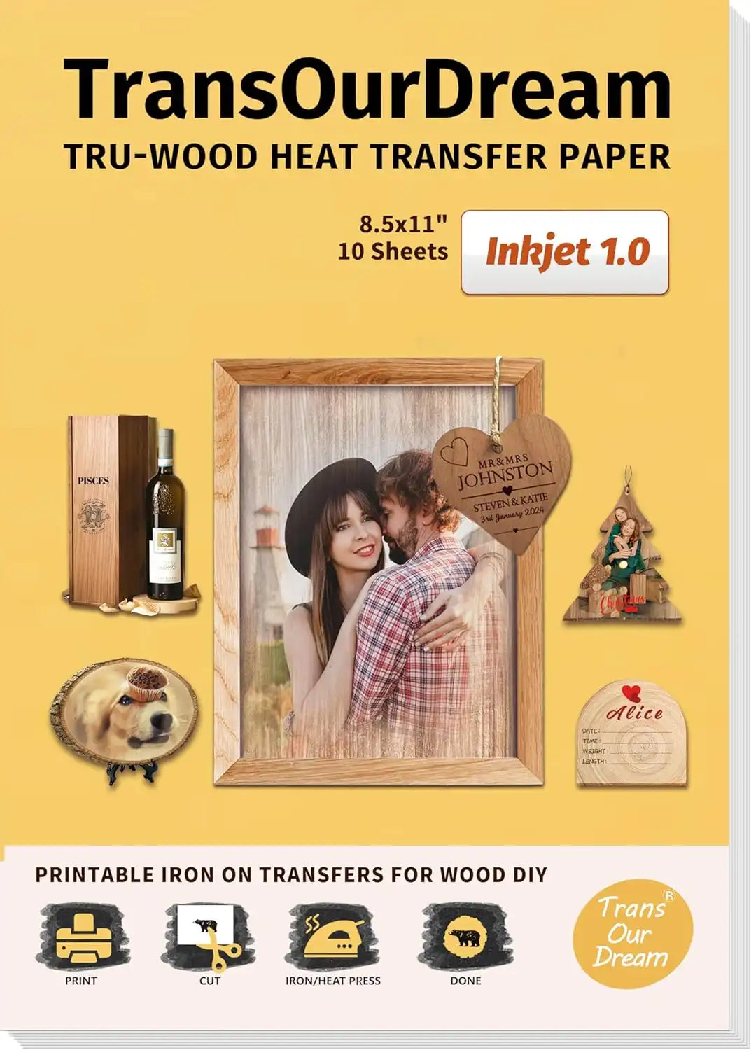 TRU WOOD Heat Transfer Paper with wooden frame and photo transfer design.