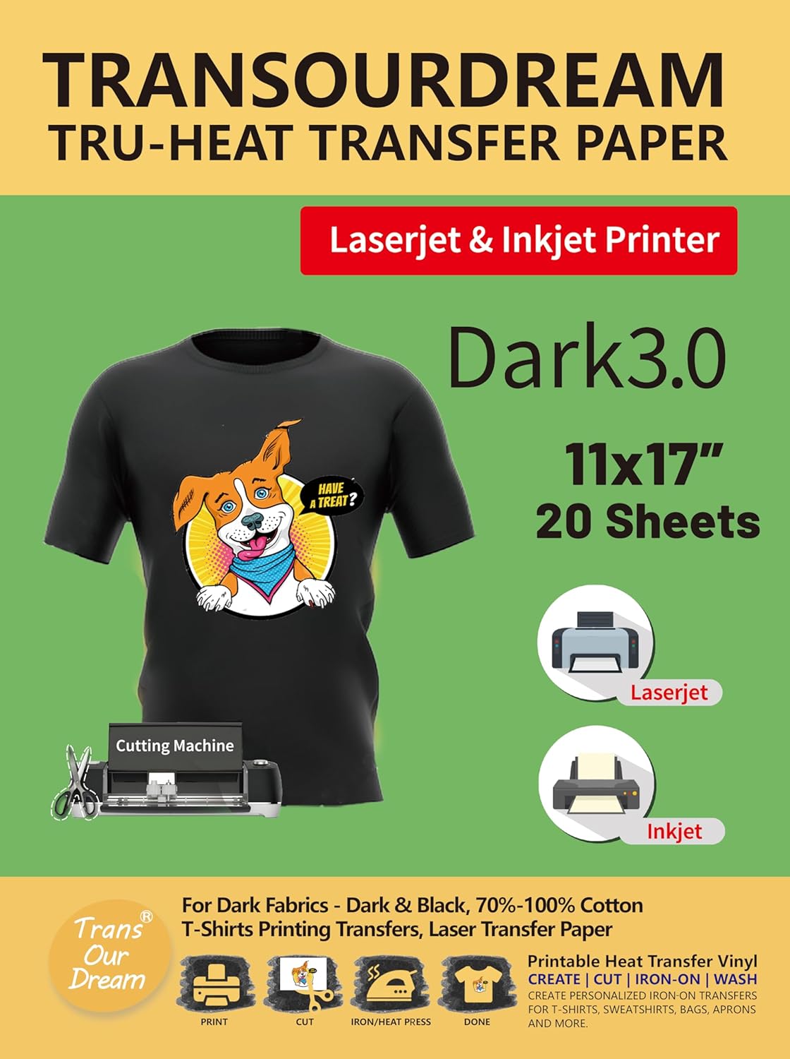 Heat Transfer Paper on Iron Sheets for Dark Fabrics | Inkjet & LaserJet Printers, Non-Toxic | Dark 3.0