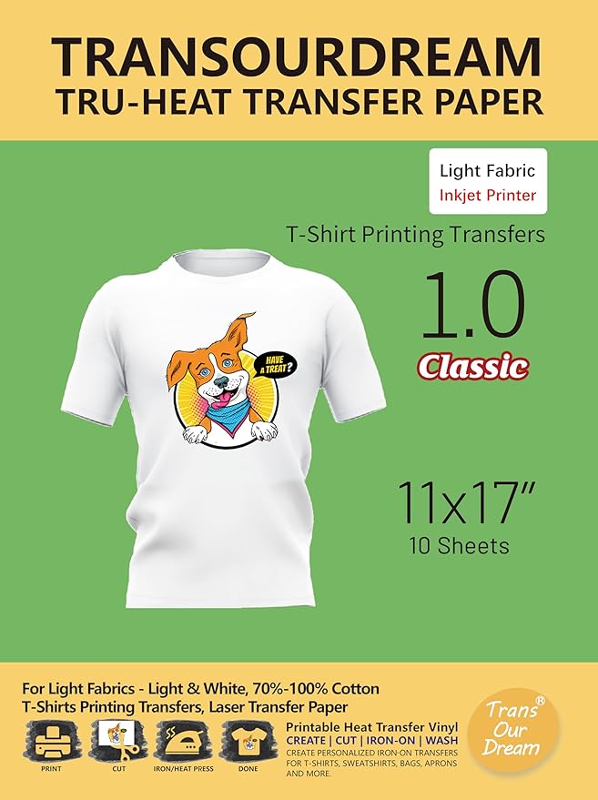 Heat Transfer Paper for Light T-Shirts & Fabrics | Inkjet Printer Printable Iron on Heat Transfer Paper for Light & White Fabrics | Light 1.0