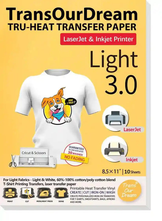 Heat Transfer Paper for Light T-Shirts & Fabrics | High-Quality Printable Heat Transfer Paper for Inkjet & LaserJet Printers | Light 3.0
